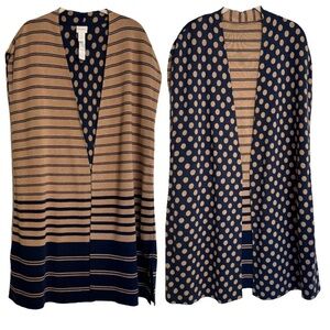 CHICOS Reversible Cardigan Size 3 XL 16 Polka Dot Striped Tan Navy